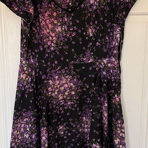 Vintage 1980s Black Purple flowers Midi Dress Full Skirt